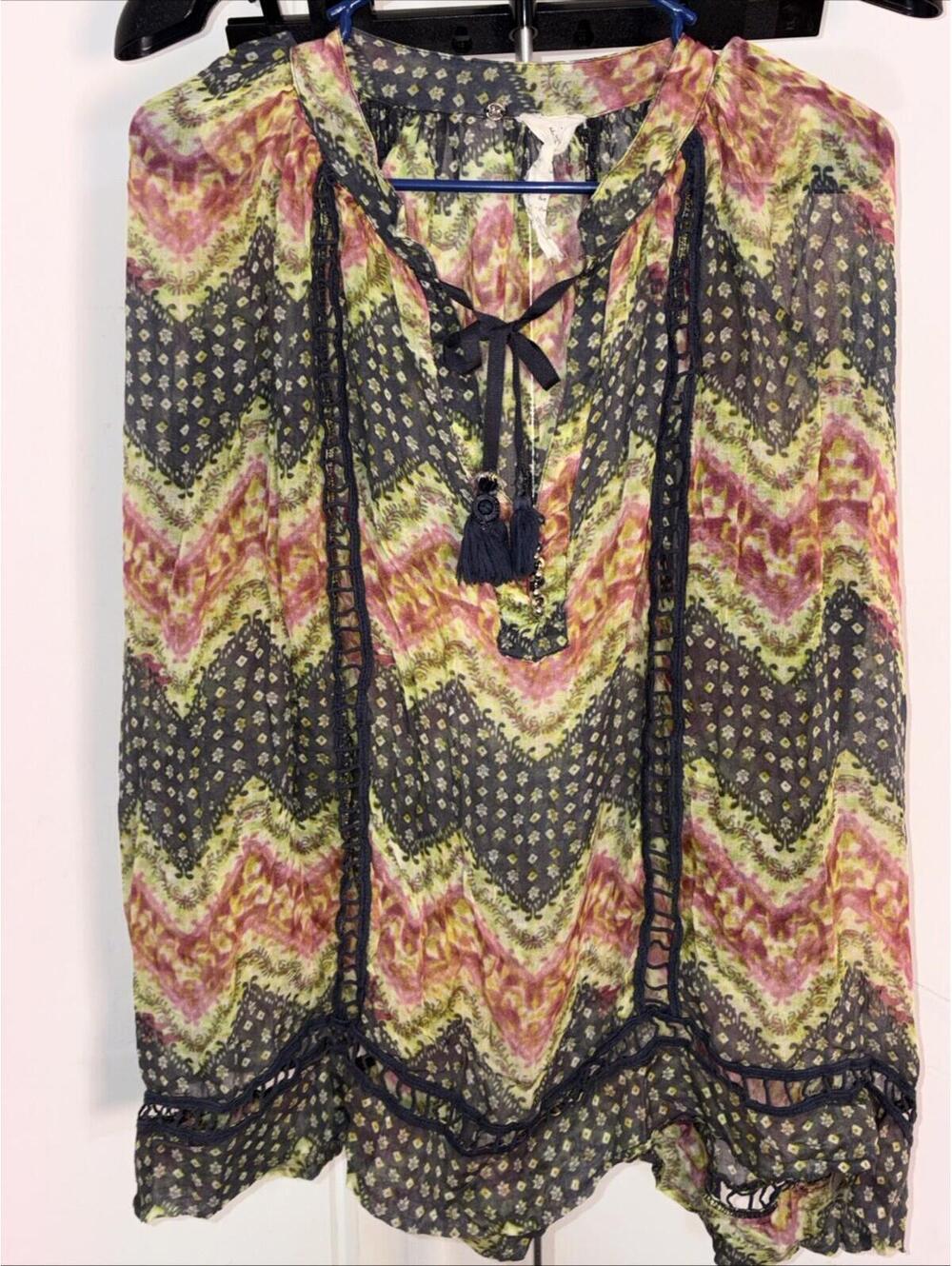 Free People FP One Boho Flowy Top Shirt Blouse S XS Pink Gray Sheer w Cut Outs